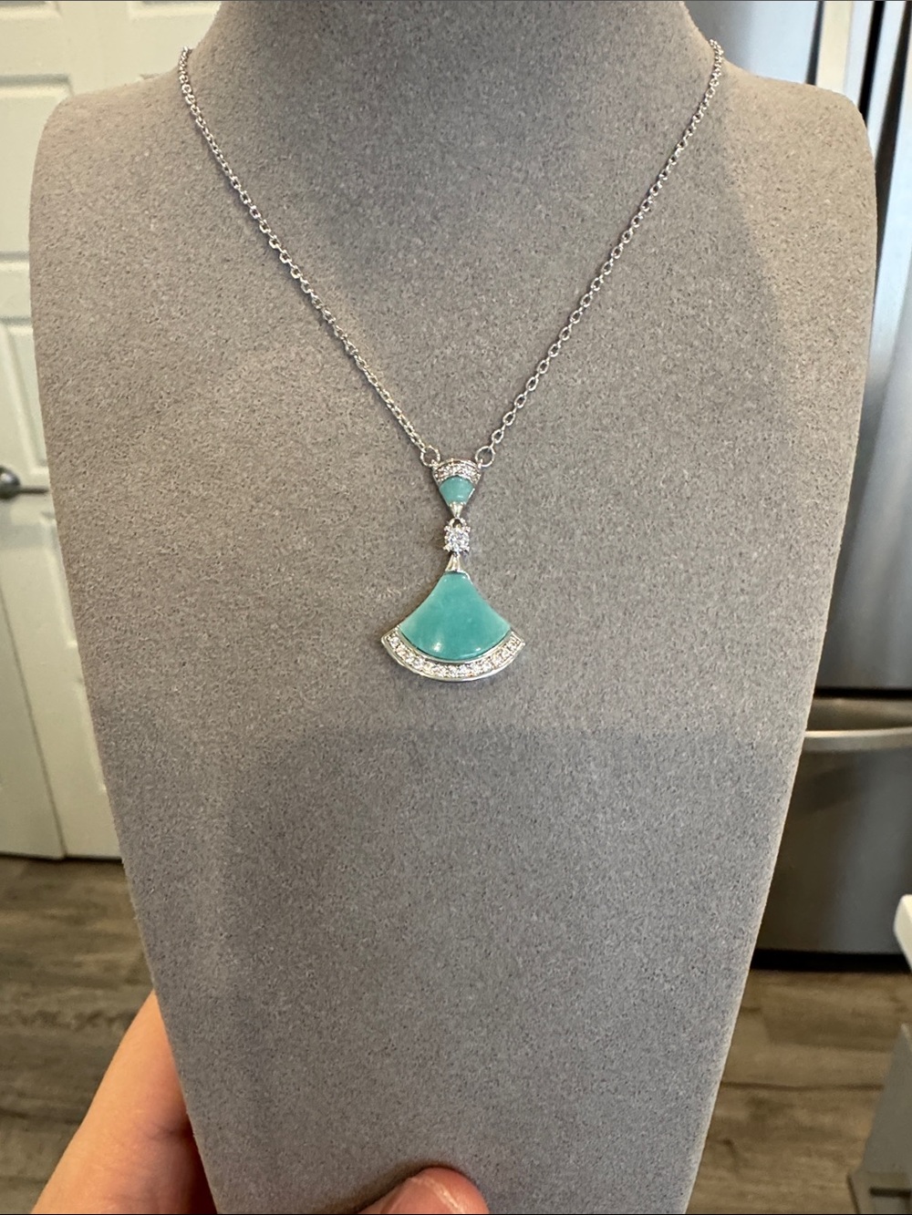 Natural Amazonite Fan Pendant Necklace Silver Tone CZ – Diva Style